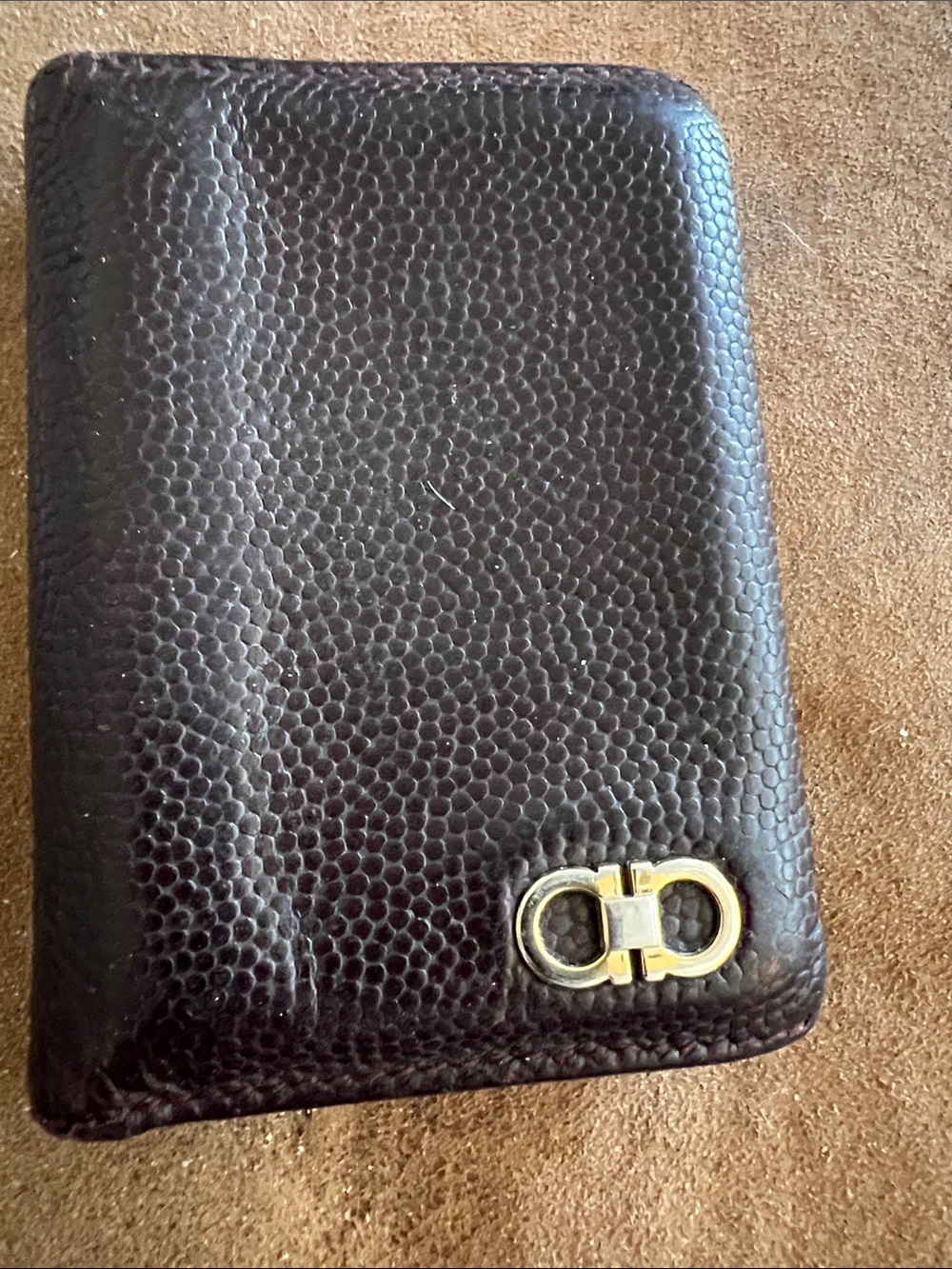 Salvatore Ferragamo Brown Textured Leather Calfskin Bi-Fold Wallet w/ Gold Logo